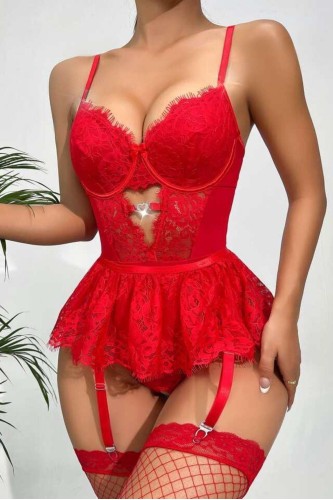 Kırmızı Dantelli Etekli Babydoll Takım 16517